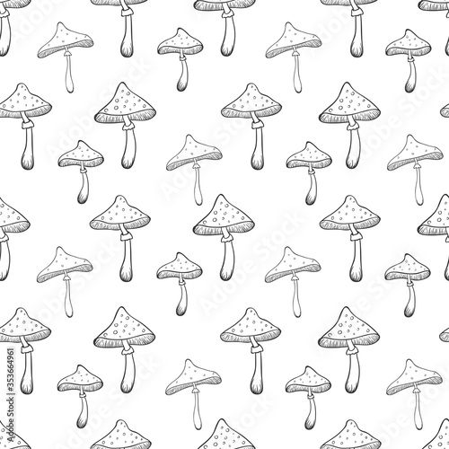 Seamless pattern with hand-drawn mushrooms isolated on white background. Amanita sketch. Vector illustration