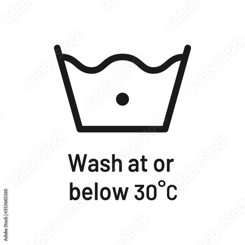 Wash at 30 degree icon with text. Water temperature 30C vector sign. Wash temperature 30. Laundry icon isolated on white background.  photo