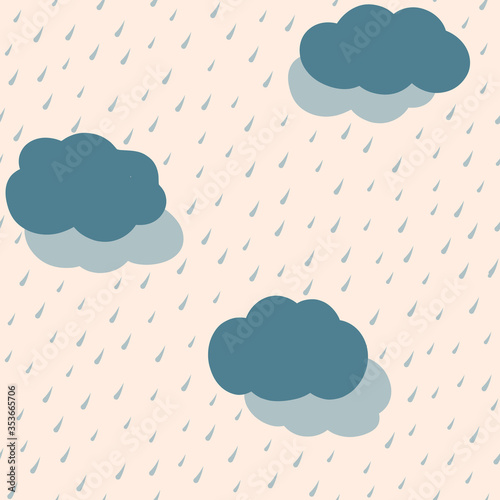 Seamless pattern with clouds and rain. Endless rainy backdrop.
Simple forms.
Clouds, rdrops and background are located on different layers.
Vector illustration