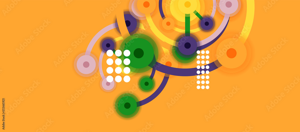 Flat style geometric abstract background, round dots or circle connections on color background. Technology network concept.