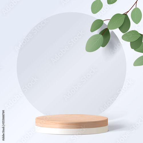Fototapeta Naklejka Na Ścianę i Meble -  Abstract minimal scene with geometric forms. cylinder wood podium in white background with leaves. product presentation, mock up, show cosmetic product, Podium, stage pedestal or platform. 3d vector