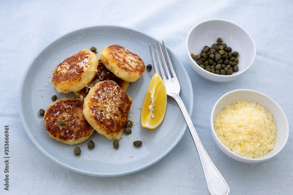 Potato Parmesan Pancakes with lemon and capers