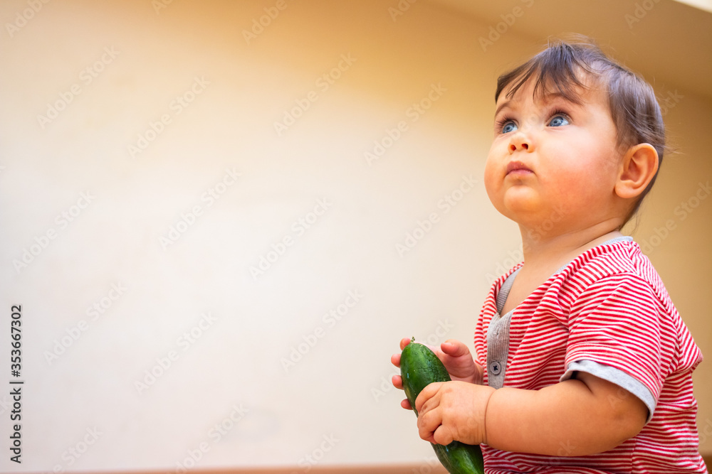 Little baby cute infant toddler eat first supplement vegan food - green cucumber. Little baby cute infant toddler eat first supplement vegan food - green cucumber.