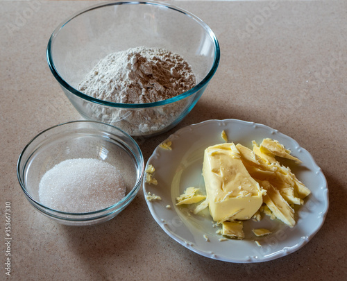 baking ingredients flour, sugar, butter. dough preparation