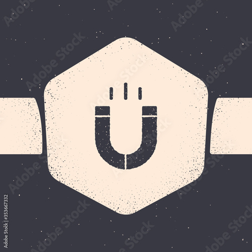 Grunge Magnet icon isolated on grey background. Horseshoe magnet, magnetism, magnetize, attraction. Monochrome vintage drawing. Vector.
