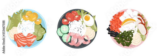 Healthy food. Set of healthy and satisfying poke bowls lunch made from rice, seafood, vegetables and cream cheese. Pleasant vector flat illustration of poke bowls in cartoon style.