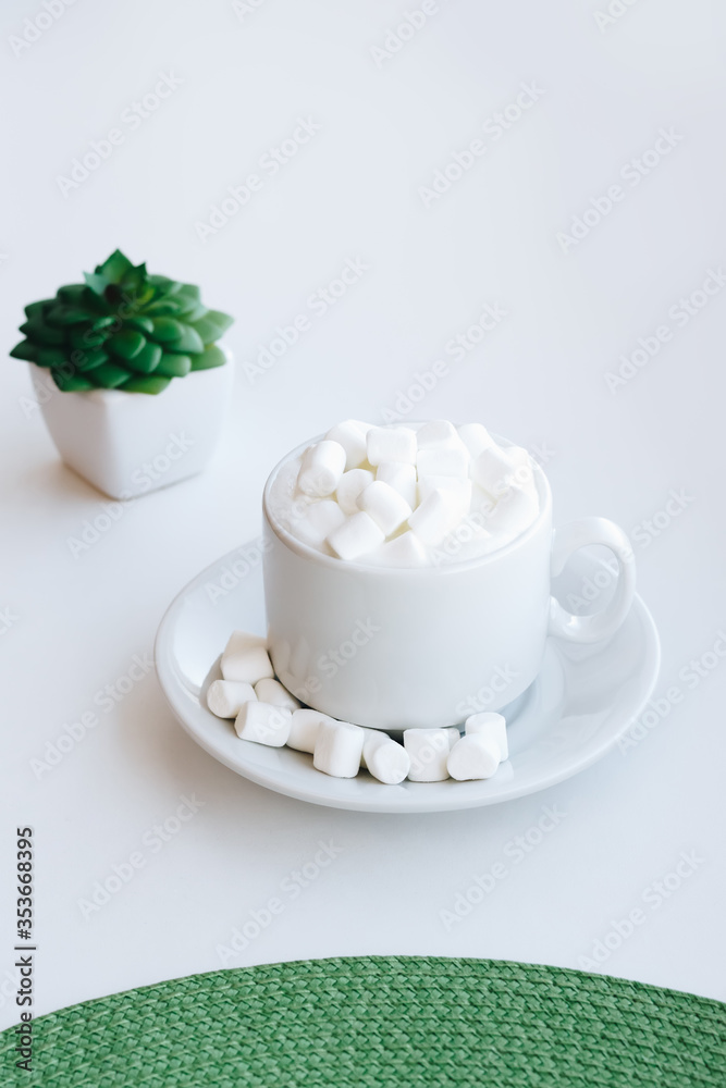 Cup of cappuccino with marshmallow and green plant on white background Cup of cappuccino with marshmallow and green plant on white background