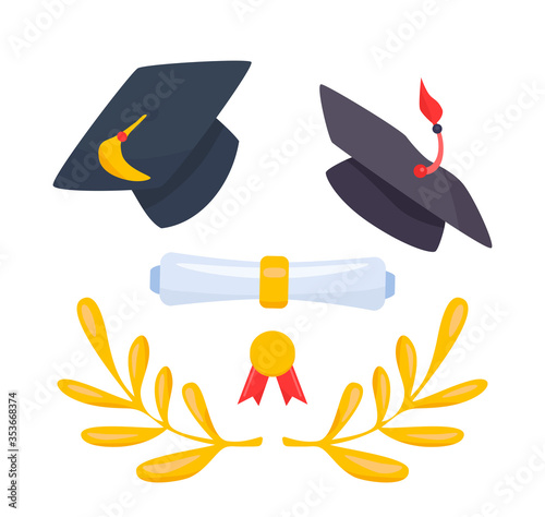 Colorful graduation set with shadows. Bachelor cap or hat, scroll of diploma certificate, golden wreath made from olive or laurel branch, award with red stripes. Isolated on white background.