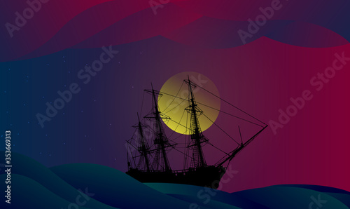 Ship during a storm against the backdrop of the rising moon