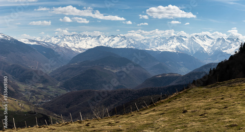 Landscape of a high mountain valley with the snow capped mountains in the background. Horizontal image