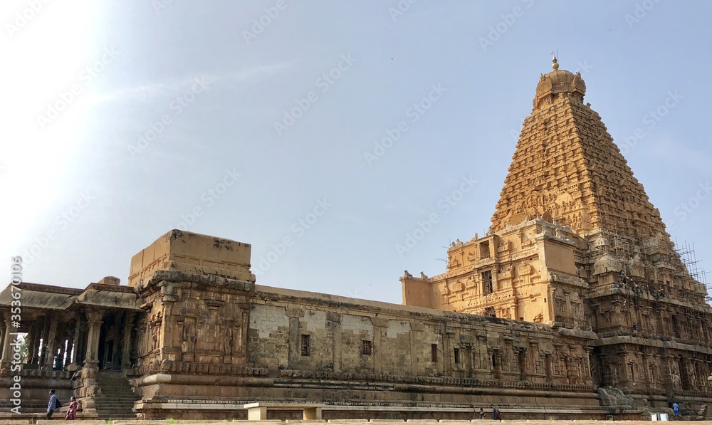 Brihadeeswarar temple in Thanjavur, Tamil nadu. This is the Hindu temple built in Dravidian architecture style. This temple is dedicated to Lord shiva and it is a UNESCO World Heritage Site.