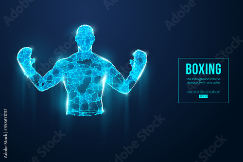 Abstract silhouette of a wireframe boxer fighter with boxing gloves on the blue background. Boxer is winner. Convenient organization of eps file. Vector illustration. Thanks for watching