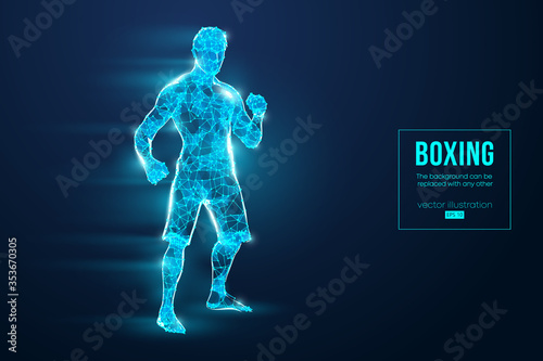Abstract silhouette of a wireframe boxer fighter with boxing gloves on the blue background. Boxer is winner. Convenient organization of eps file. Vector illustration. Thanks for watching