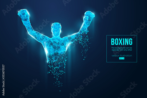Abstract silhouette of a wireframe boxer fighter with boxing gloves on the blue background. Boxer is winner. Convenient organization of eps file. Vector illustration. Thanks for watching