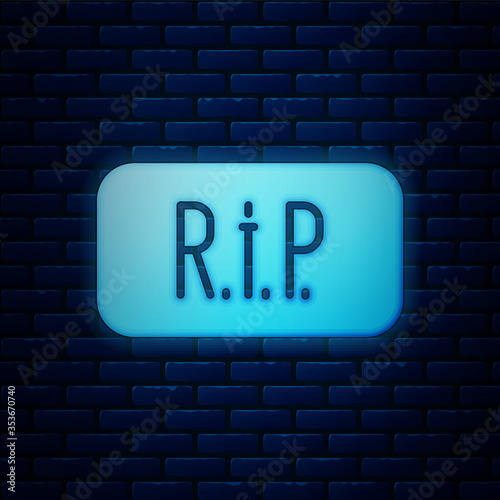 Glowing neon Speech bubble rip death icon isolated on brick wall background. Vector.