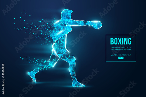 Abstract silhouette of a wireframe boxer fighter with boxing gloves on the blue background. Boxer is winner. Convenient organization of eps file. Vector illustration. Thanks for watching