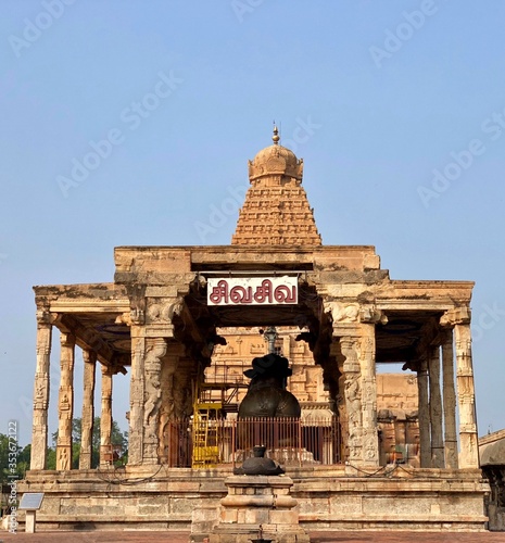 Brihadeeswarar temple in Thanjavur, Tamil nadu. This is the Hindu temple built in Dravidian architecture style. This temple is dedicated to Lord shiva and it is a UNESCO World Heritage Site.