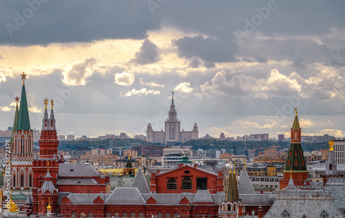 Historical buildings of Moscow. Kremlin and Moscow State University. View of the city from a height. City landscape.