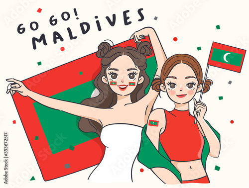 Two pretty girls holding national flag : vector Illustration
