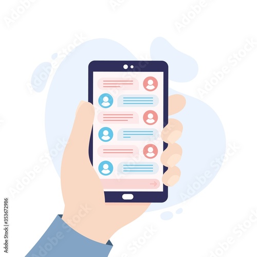 People chatting through a mobile app. Online application for messaging. Hand holding a smartphone.