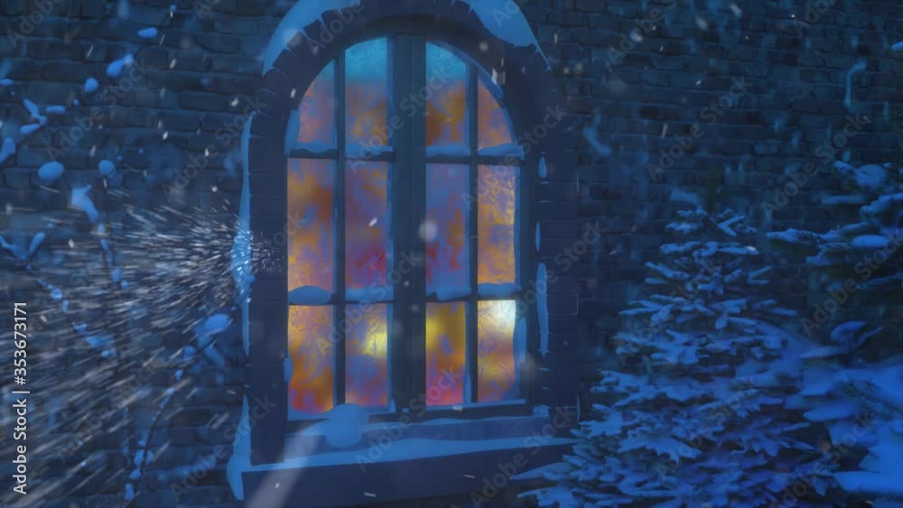 4K Winter village cottage landscape. Snow forest. Christmas tree. Snowfall. Winter vacation. Move to the luminous window through snowy branches and swirl winds. Chrome key. Merry Christmas! 3d render