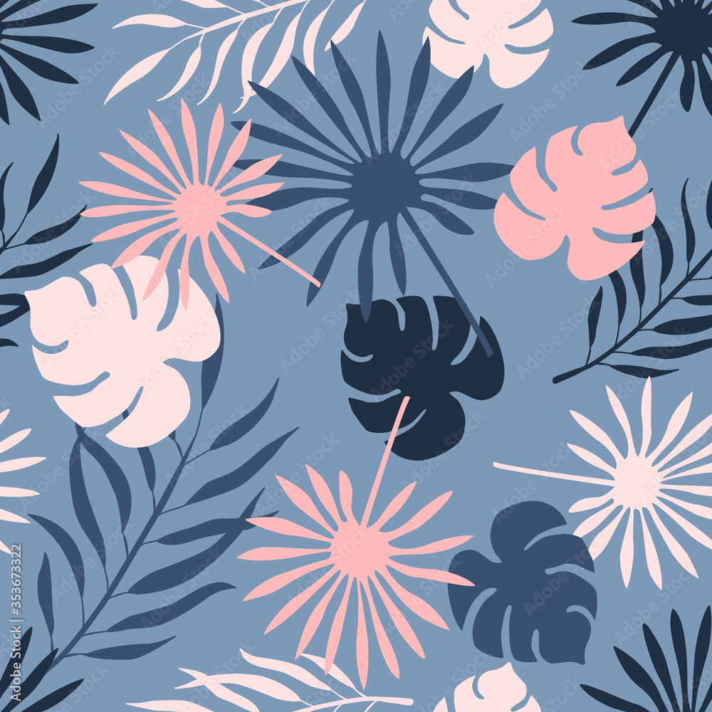 Seamless surface repeat vector pattern with pink, white and blue tropical leaves on a blue background Seamless surface repeat vector pattern with pink, white and blue tropical leaves on a blue background