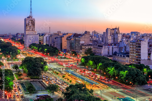 Aerial view of Buenos Aires, at Twilight, along 9 of July Avenue.  photo