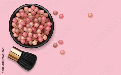 Realistic powder pearls and makeup brush, make up product for face, colored balls cosmetics, vector illustration