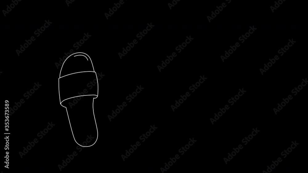 Self drawing animation of slides footwear, beach and home slippers, mules. Copy space. Line art. Black background Self drawing animation of slides footwear, beach and home slippers, mules. Copy space. Line art. Black background