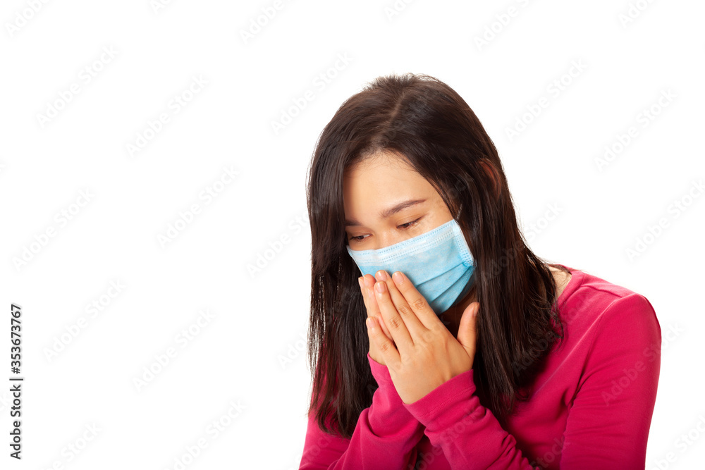 Young asian woman wearing mask and she is sneezing Young asian woman wearing mask and she is sneezing