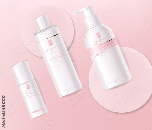 Realistic cosmetics, pink design, white bottle set, packaging mockup, skin care, hydration cream, toner, cleanser, serum, beauty card, face treatment, isolated container 3d white background vector