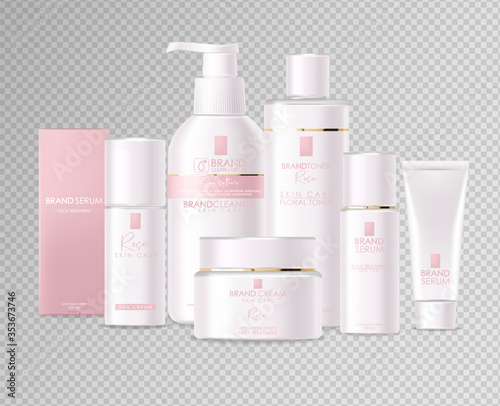 Realistic cosmetics, pink design, white bottle set, packaging mockup, skin care, hydration cream, toner, cleanser, serum, beauty card, face treatment, isolated container 3d white background vector