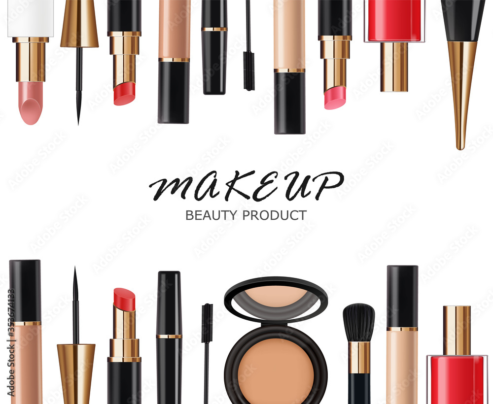 Realistic cosmetics make up set, big collection makeup product, powder, lipstick, mascara, makeup brush, eye shadow, concealer, nail polish, perfume and eyeliner, vector facial set Realistic cosmetics make up set, big collection makeup product, powder, lipstick, mascara, makeup brush, eye shadow, concealer, nail polish, perfume and eyeliner, vector facial set