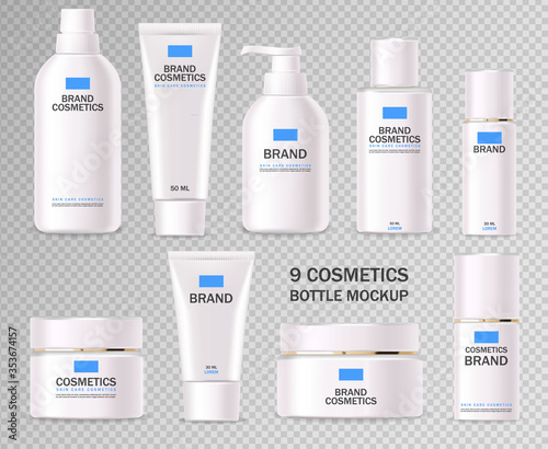 Realistic cosmetics, blue design, white bottle set, packaging mockup, skin care, hydration cream, toner, cleanser, serum, beauty card, face treatment, isolated container 3d white background vector