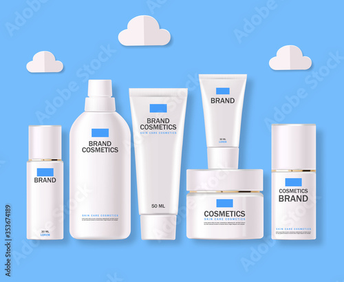 Realistic cosmetics, blue design, white bottle set, packaging mockup, skin care, hydration cream, toner, cleanser, serum, beauty card, face treatment, isolated container 3d white background vector