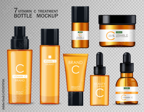 Vitamin C cosmetics, mask, cream and serum set, beauty company, skin care bottle, realistic package mockup and fresh citrus, treatment essence, beauty cosmetics, vector banner