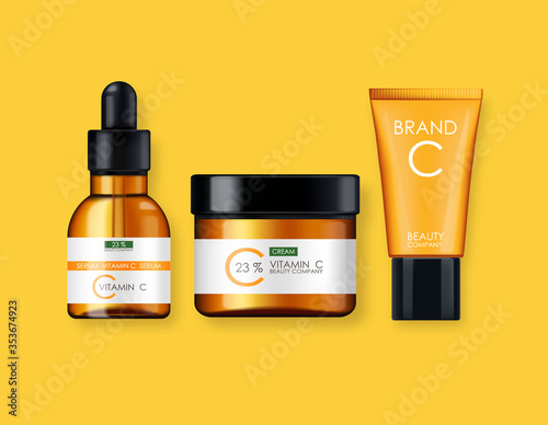 Vitamin C cosmetics, mask, cream and serum set, beauty company, skin care bottle, realistic package mockup and fresh citrus, treatment essence, beauty cosmetics, vector banner