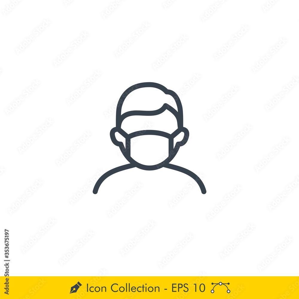 Face Mask Man Icon / Vector - In Line / Stroke Design