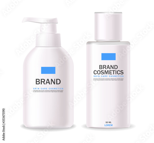 Realistic cosmetics, blue design, white bottle set, packaging mockup, skin care, hydration cream, toner, cleanser, serum, beauty card, face treatment, isolated container 3d white background vector