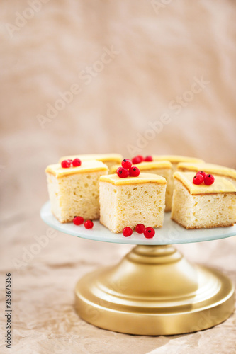 Cream cheese butter coffee-cake with lemon curd icing