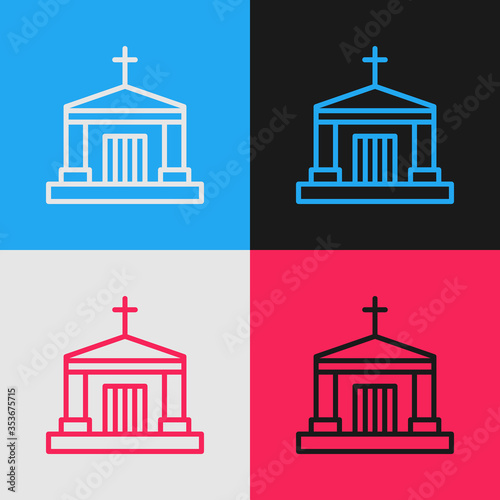 Pop art line Old crypt icon isolated on color background. Cemetery symbol. Ossuary or crypt for burial of deceased. Vector.