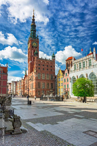 Beautiful architecture of the old town in Gdansk with city hall, Poland