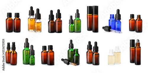 Set with bottles of different essential oils on white background. Banner design