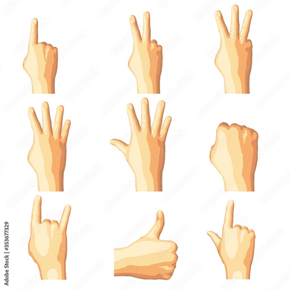 Realistic human hand gesture set in five tones. Realistic human hand gesture set in five tones.