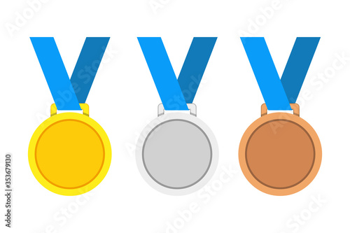 Vector award medals set golden, silver and bronze with blue ribbon isolated on white background. Winner medal with blue ribbon icon. Championship award. Achievement victory concept. 