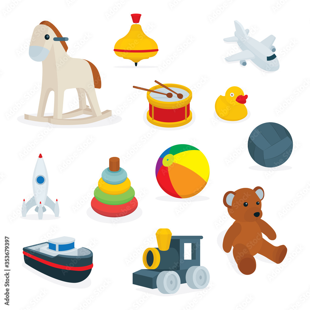 Toys. Set of cartoon style toys drawing vector illustration. Toy flat icons collection isolated