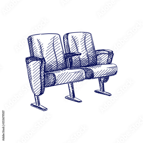 Hand-drawn sketch of two cinema seats on a white background. Going to the cinema. Watching a movie.	
