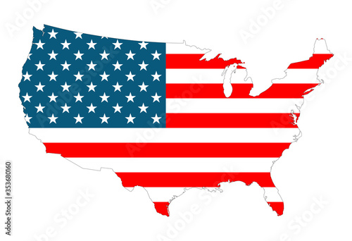 Flag of the United States of America overlaid on detailed outline map isolated on white background. United states of America map with flag.