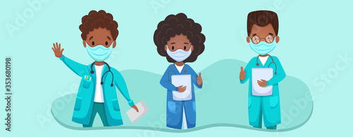 Thank you doctors and nurses working in the hospitals and fighting the coronavirus. Black African doctors team. Vector flat cartoon illustration 