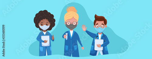 Coronavirus 2019-nCoV. Set of doctor characters in medical face masks. Stop Coronavirus concept. Medical team doctor nurse therapist surgeon, group of medics. Vector flat cartoon illustration